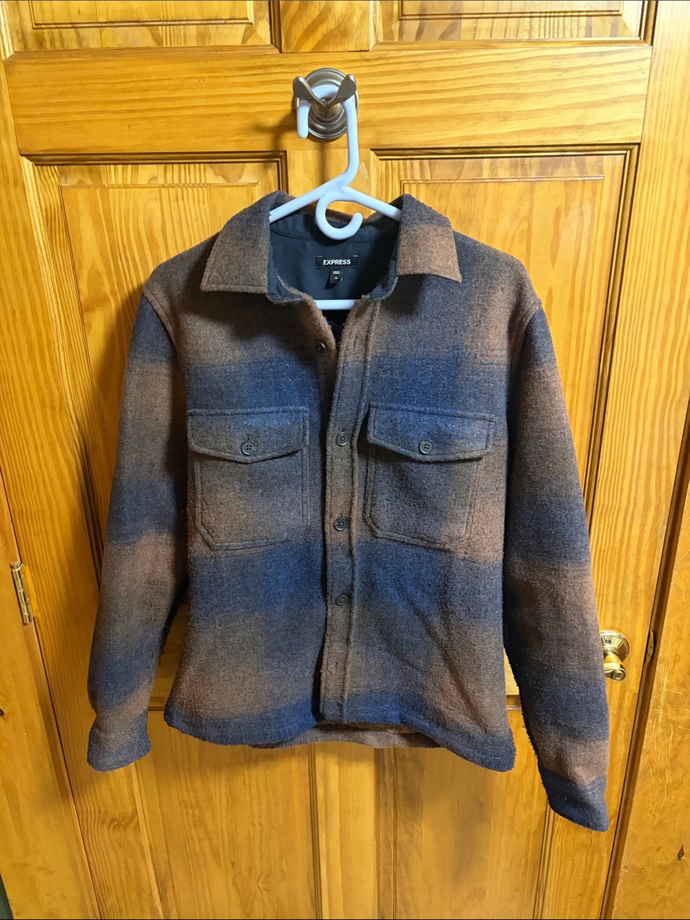 Express Men’s Blue and Brown Button-Up Shirt Jacket